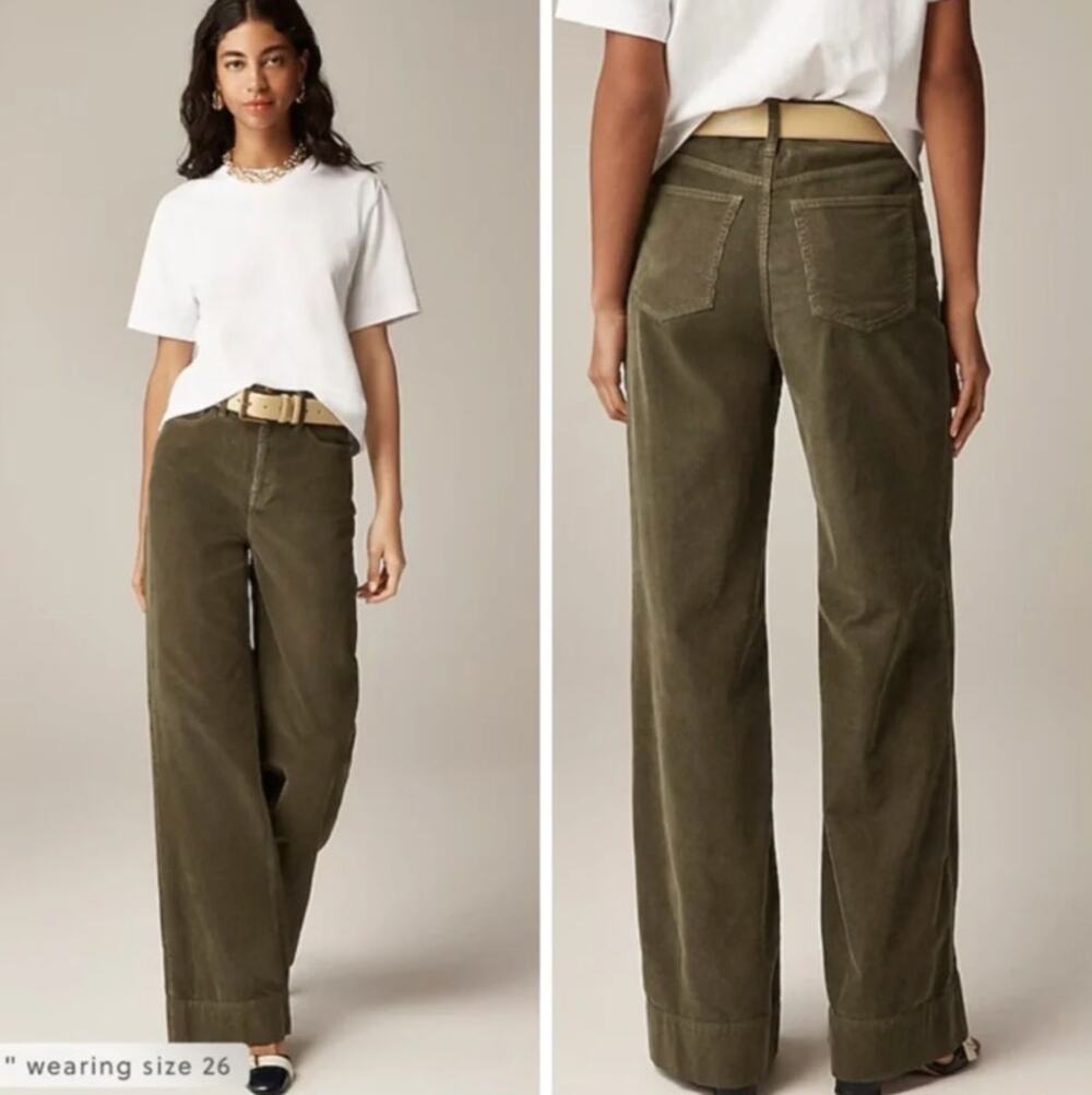 J.Crew Olive Corduroy Wide Leg Pants High Rise 29 Fall Dark Academia 70s Retro